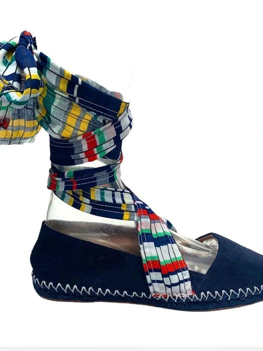 Zara Women's Navy Espadrille Wrap Flats with Multicolor Scarf Ties New Size 36
